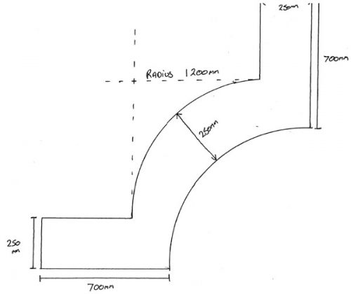 Drawing plan for a custom planter on a curved wall